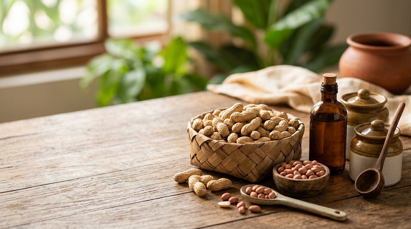 Cold pressed groundnut oil and natural groundnuts in Indian kitchen