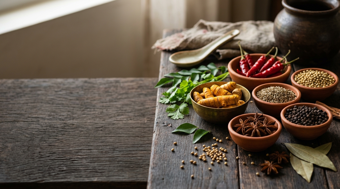 Organic Indian spices, turmeric roots and red chillies