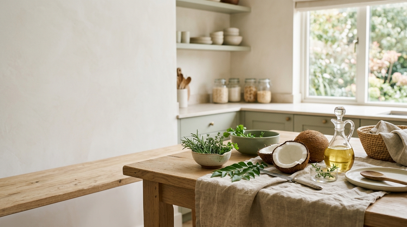 Pure virgin coconut oil, fresh coconuts and herbs in a serene organic kitchen